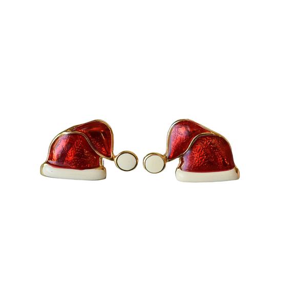 90s Gold Plate Red & White Enamel Santa Hat Demi Parure Pin Brooch Earrings - Picture 3 of 7